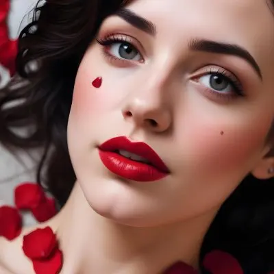 A Close Up Portrait Of A Young Caucasian Woman With Dark Hair Red Lips And Red Rose Petals Around Her Face 11 1c1f