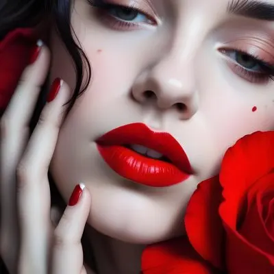 A Close Up Portrait Of A Young Caucasian Woman With Dark Hair Red Lips And Red Rose Petals Around Her Face 17 B775
