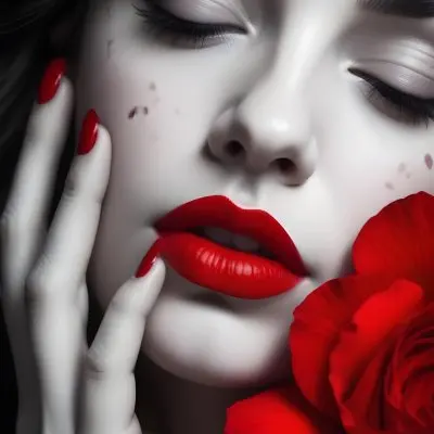 A Close Up Portrait Of A Young Caucasian Woman With Dark Hair Red Lips And Red Rose Petals Around Her Face 20 823f