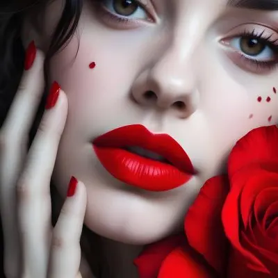 A Close Up Portrait Of A Young Caucasian Woman With Dark Hair Red Lips And Red Rose Petals Around Her Face 21 94e0