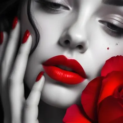 A Close Up Portrait Of A Young Caucasian Woman With Dark Hair Red Lips And Red Rose Petals Around Her Face 23 Edcd