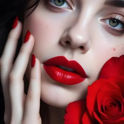 A Close Up Portrait Of A Young Caucasian Woman With Dark Hair Red Lips And Red Rose Petals Around Her Face 26 78dc