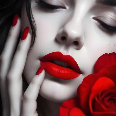 A Close Up Portrait Of A Young Caucasian Woman With Dark Hair Red Lips And Red Rose Petals Around Her Face 28 7bef