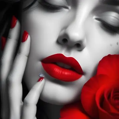 A Close Up Portrait Of A Young Caucasian Woman With Dark Hair Red Lips And Red Rose Petals Around Her Face 29 0343