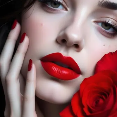 A Close Up Portrait Of A Young Caucasian Woman With Dark Hair Red Lips And Red Rose Petals Around Her Face 32 46f7