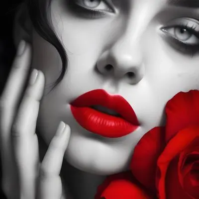 A Close Up Portrait Of A Young Caucasian Woman With Dark Hair Red Lips And Red Rose Petals Around Her Face 36 Aaf8