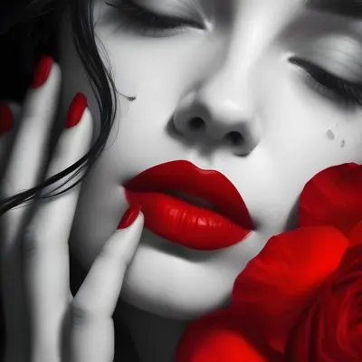 A Close Up Portrait Of A Young Caucasian Woman With Dark Hair Red Lips And Red Rose Petals Around Her Face 38 4fc1