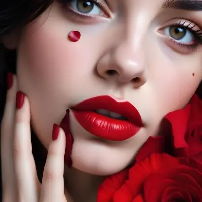 A Close Up Portrait Of A Young Caucasian Woman With Dark Hair Red Lips And Red Rose Petals Around Her Face 5 8d51
