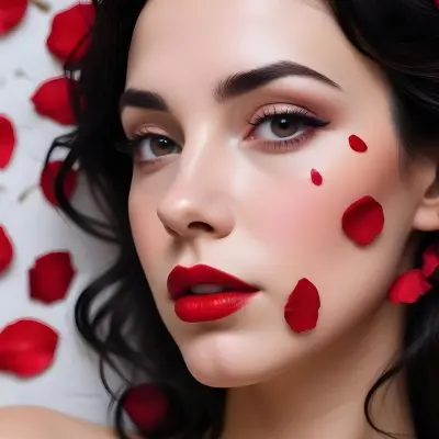 A Close Up Portrait Of A Young Caucasian Woman With Dark Hair Red Lips And Red Rose Petals Around Her Face 7 Df3a