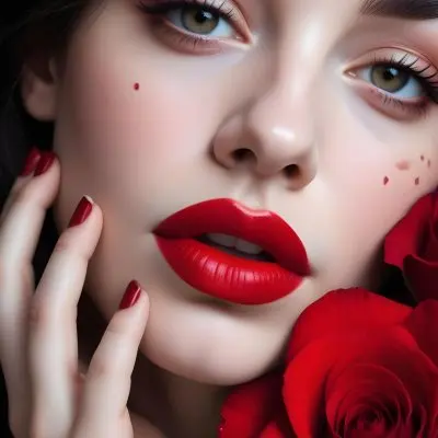 A Close Up Portrait Of A Young Caucasian Woman With Dark Hair Red Lips And Red Rose Petals Around Her Face 8 6939