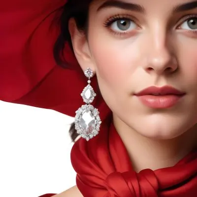 A Close Up Portrait Of A Young Caucasian Woman With Dark Hair Wearing A Red Scarf And Large Diamond Earrings Against A Red Background 15 0921