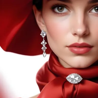 A Close Up Portrait Of A Young Caucasian Woman With Dark Hair Wearing A Red Scarf And Large Diamond Earrings Against A Red Background 19 D146