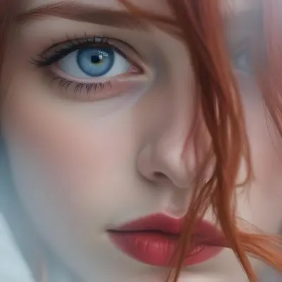 A Close Up Portrait Of A Young Caucasian Woman With Fair Skin Blue Eyes And Long Red Hair Partially Covering Her Face She Has Full Red Lips And A Serious Pensive Expression Set Against A Soft Blurred Backgr 17 2091