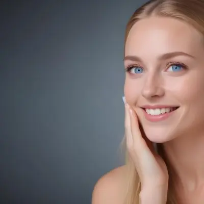A Close Up Portrait Of A Young Caucasian Woman With Long Blonde Hair And Blue Eyes She Has A Warm Friendly Smile And Is Touching Her Face With Her Hands 4 Ca01