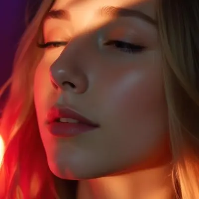A Close Up Portrait Of A Young Caucasian Woman With Long Blonde Hair Her Eyes Closed And Lips Slightly Parted Bathed In Vibrant Red And Orange Lighting 1 A008