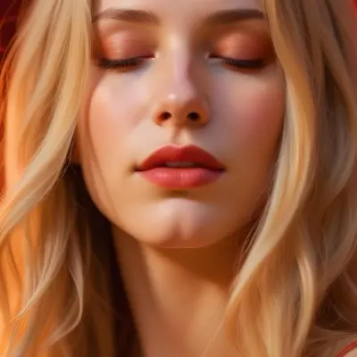 A Close Up Portrait Of A Young Caucasian Woman With Long Blonde Hair Her Eyes Closed And Lips Slightly Parted Bathed In Vibrant Red And Orange Lighting 2 2964