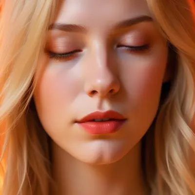 A Close Up Portrait Of A Young Caucasian Woman With Long Blonde Hair Her Eyes Closed And Lips Slightly Parted Bathed In Vibrant Red And Orange Lighting 3 42fa
