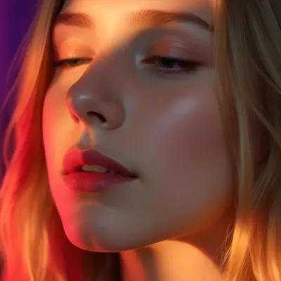 A Close Up Portrait Of A Young Caucasian Woman With Long Blonde Hair Her Eyes Closed And Lips Slightly Parted Bathed In Vibrant Red And Orange Lighting 4 1572
