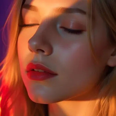 A Close Up Portrait Of A Young Caucasian Woman With Long Blonde Hair Her Eyes Closed And Lips Slightly Parted Bathed In Vibrant Red And Orange Lighting 5 99b8