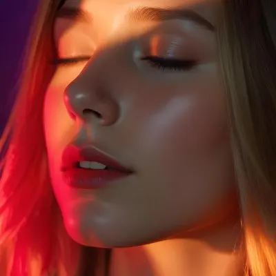 A Close Up Portrait Of A Young Caucasian Woman With Long Blonde Hair Her Eyes Closed And Lips Slightly Parted Bathed In Vibrant Red And Orange Lighting 6 6944