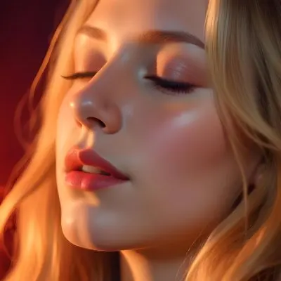 A Close Up Portrait Of A Young Caucasian Woman With Long Blonde Hair Her Eyes Closed And Lips Slightly Parted Bathed In Vibrant Red And Orange Lighting 7 Ebe5