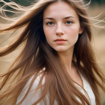 A Close Up Portrait Of A Young Caucasian Woman With Long Straight Light Brown Hair Flowing In The Wind 6 5218