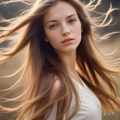 A Close Up Portrait Of A Young Caucasian Woman With Long Straight Light Brown Hair Flowing In The Wind 7 914b