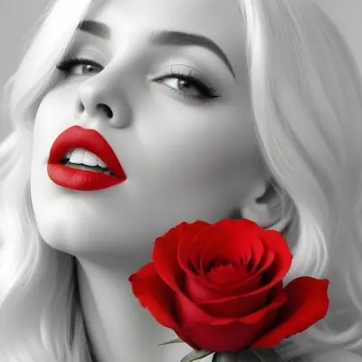 A Close Up Portrait Of A Young Caucasian Woman With Platinum Blonde Hair Bright Red Lips And A Large Red Rose In The Foreground 16 259e