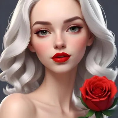 A Close Up Portrait Of A Young Caucasian Woman With Platinum Blonde Hair Bright Red Lips And A Large Red Rose In The Foreground 2 Cca0