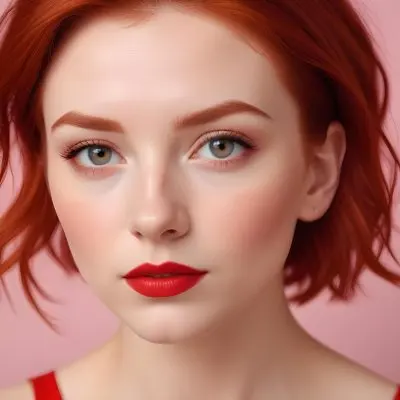 A Close Up Portrait Of A Young Caucasian Woman With Red Hair Brown Eyes And Bright Red Lips Set Against A Soft Pastel Background 14 4212
