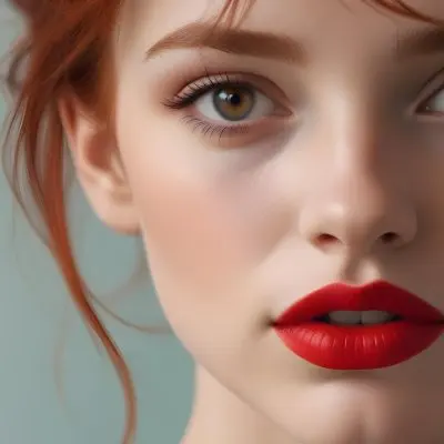 A Close Up Portrait Of A Young Caucasian Woman With Red Hair Brown Eyes And Bright Red Lips Set Against A Soft Pastel Background 24 C722