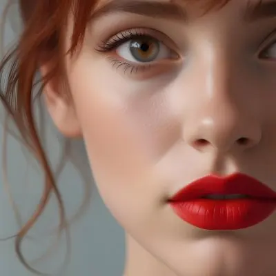 A Close Up Portrait Of A Young Caucasian Woman With Red Hair Brown Eyes And Bright Red Lips Set Against A Soft Pastel Background 30 6689