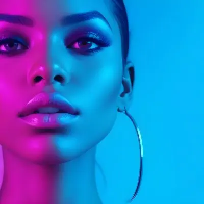 A Close Up Portrait Of A Young Woman With Dark Skin Full Lips And Dramatic Eye Makeup In Shades Of Blue And Pink In A Background Of A Vibrant Blue Color 1 Af13