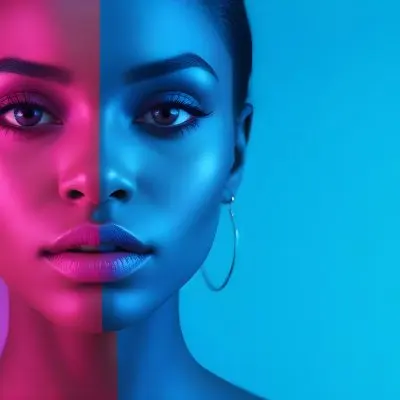 A Close Up Portrait Of A Young Woman With Dark Skin Full Lips And Dramatic Eye Makeup In Shades Of Blue And Pink In A Background Of A Vibrant Blue Color 10 2e30