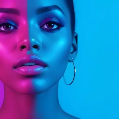 A Close Up Portrait Of A Young Woman With Dark Skin Full Lips And Dramatic Eye Makeup In Shades Of Blue And Pink In A Background Of A Vibrant Blue Color 13 5ce9