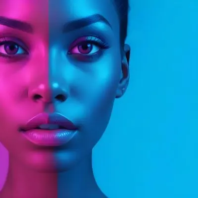 A Close Up Portrait Of A Young Woman With Dark Skin Full Lips And Dramatic Eye Makeup In Shades Of Blue And Pink In A Background Of A Vibrant Blue Color 16 Eb6f