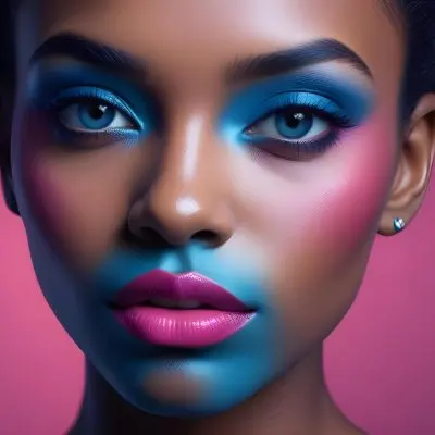 A Close Up Portrait Of A Young Woman With Dark Skin Full Lips And Dramatic Eye Makeup In Shades Of Blue And Pink In A Background Of A Vibrant Blue Color 19 E5b7