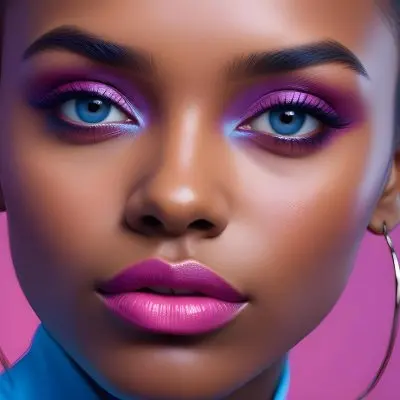 A Close Up Portrait Of A Young Woman With Dark Skin Full Lips And Dramatic Eye Makeup In Shades Of Blue And Pink In A Background Of A Vibrant Blue Color 2 D9e5