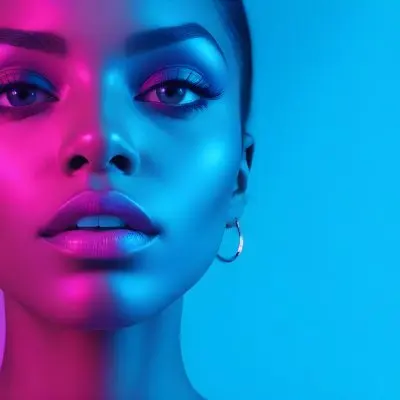 A Close Up Portrait Of A Young Woman With Dark Skin Full Lips And Dramatic Eye Makeup In Shades Of Blue And Pink In A Background Of A Vibrant Blue Color 20 Baf0