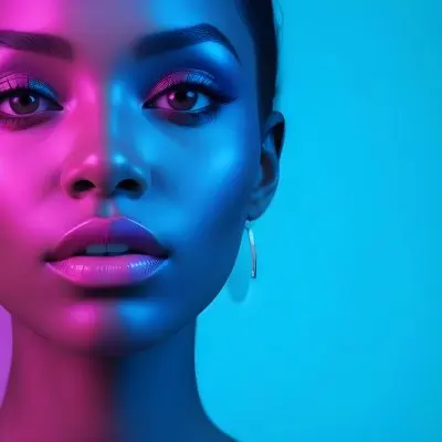 A Close Up Portrait Of A Young Woman With Dark Skin Full Lips And Dramatic Eye Makeup In Shades Of Blue And Pink In A Background Of A Vibrant Blue Color 24 B8d5