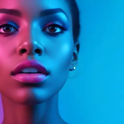 A Close Up Portrait Of A Young Woman With Dark Skin Full Lips And Dramatic Eye Makeup In Shades Of Blue And Pink In A Background Of A Vibrant Blue Color 3 7878