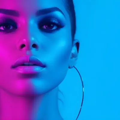 A Close Up Portrait Of A Young Woman With Dark Skin Full Lips And Dramatic Eye Makeup In Shades Of Blue And Pink In A Background Of A Vibrant Blue Color 35 324d