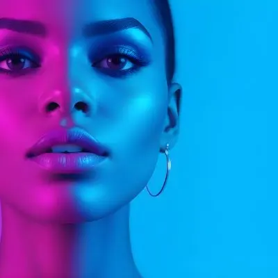 A Close Up Portrait Of A Young Woman With Dark Skin Full Lips And Dramatic Eye Makeup In Shades Of Blue And Pink In A Background Of A Vibrant Blue Color 36 2fb2