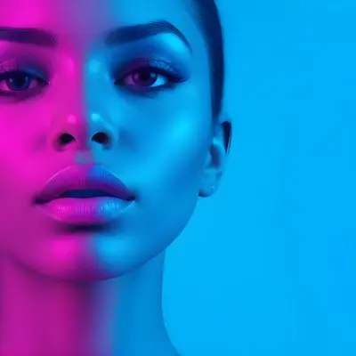 A Close Up Portrait Of A Young Woman With Dark Skin Full Lips And Dramatic Eye Makeup In Shades Of Blue And Pink In A Background Of A Vibrant Blue Color 40 901f