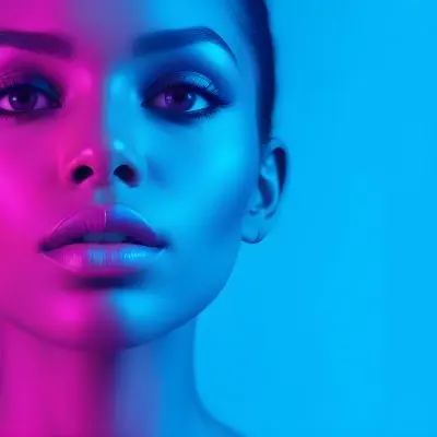 A Close Up Portrait Of A Young Woman With Dark Skin Full Lips And Dramatic Eye Makeup In Shades Of Blue And Pink In A Background Of A Vibrant Blue Color 42 6827