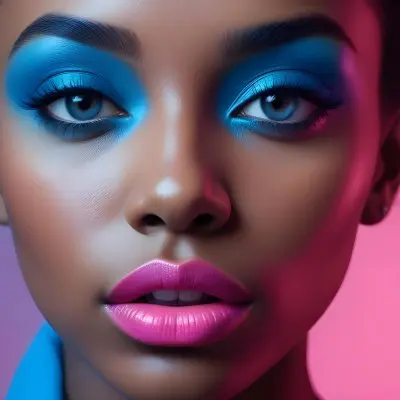 A Close Up Portrait Of A Young Woman With Dark Skin Full Lips And Dramatic Eye Makeup In Shades Of Blue And Pink In A Background Of A Vibrant Blue Color 46 5629