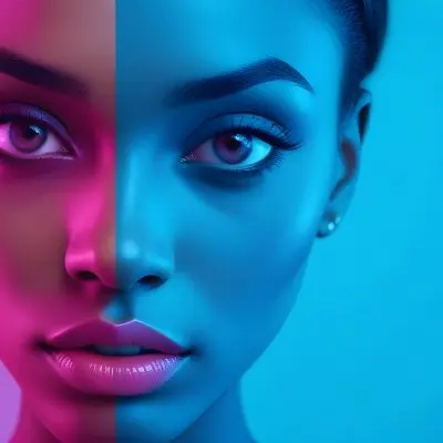 A Close Up Portrait Of A Young Woman With Dark Skin Full Lips And Dramatic Eye Makeup In Shades Of Blue And Pink In A Background Of A Vibrant Blue Color 47 5e1a