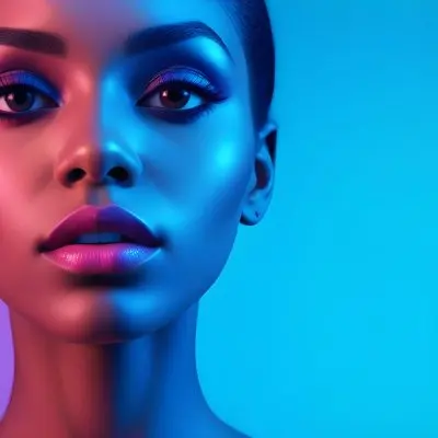 A Close Up Portrait Of A Young Woman With Dark Skin Full Lips And Dramatic Eye Makeup In Shades Of Blue And Pink In A Background Of A Vibrant Blue Color 49 C1a0
