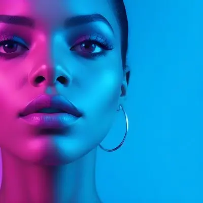 A Close Up Portrait Of A Young Woman With Dark Skin Full Lips And Dramatic Eye Makeup In Shades Of Blue And Pink In A Background Of A Vibrant Blue Color 50 01ae