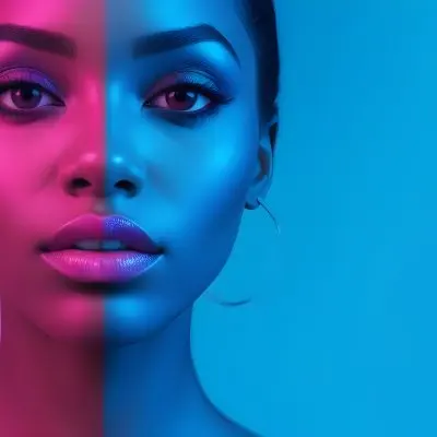 A Close Up Portrait Of A Young Woman With Dark Skin Full Lips And Dramatic Eye Makeup In Shades Of Blue And Pink In A Background Of A Vibrant Blue Color 51 2924